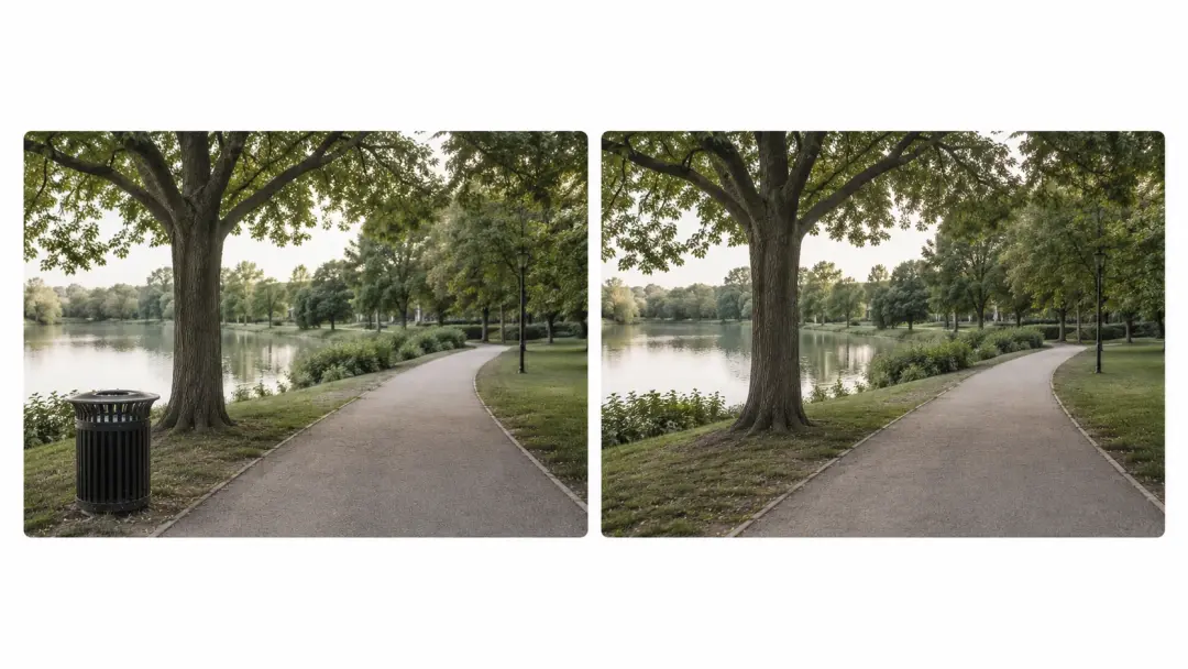 Park scene with distracting object removed cleanly by AI