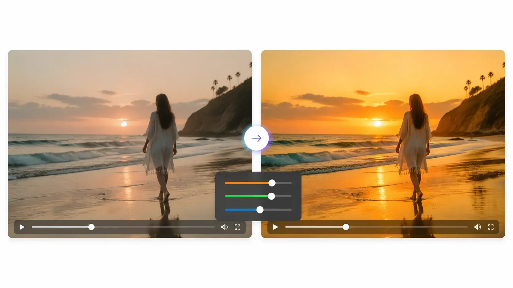 Beach sunset video before and after AI text-driven color grading