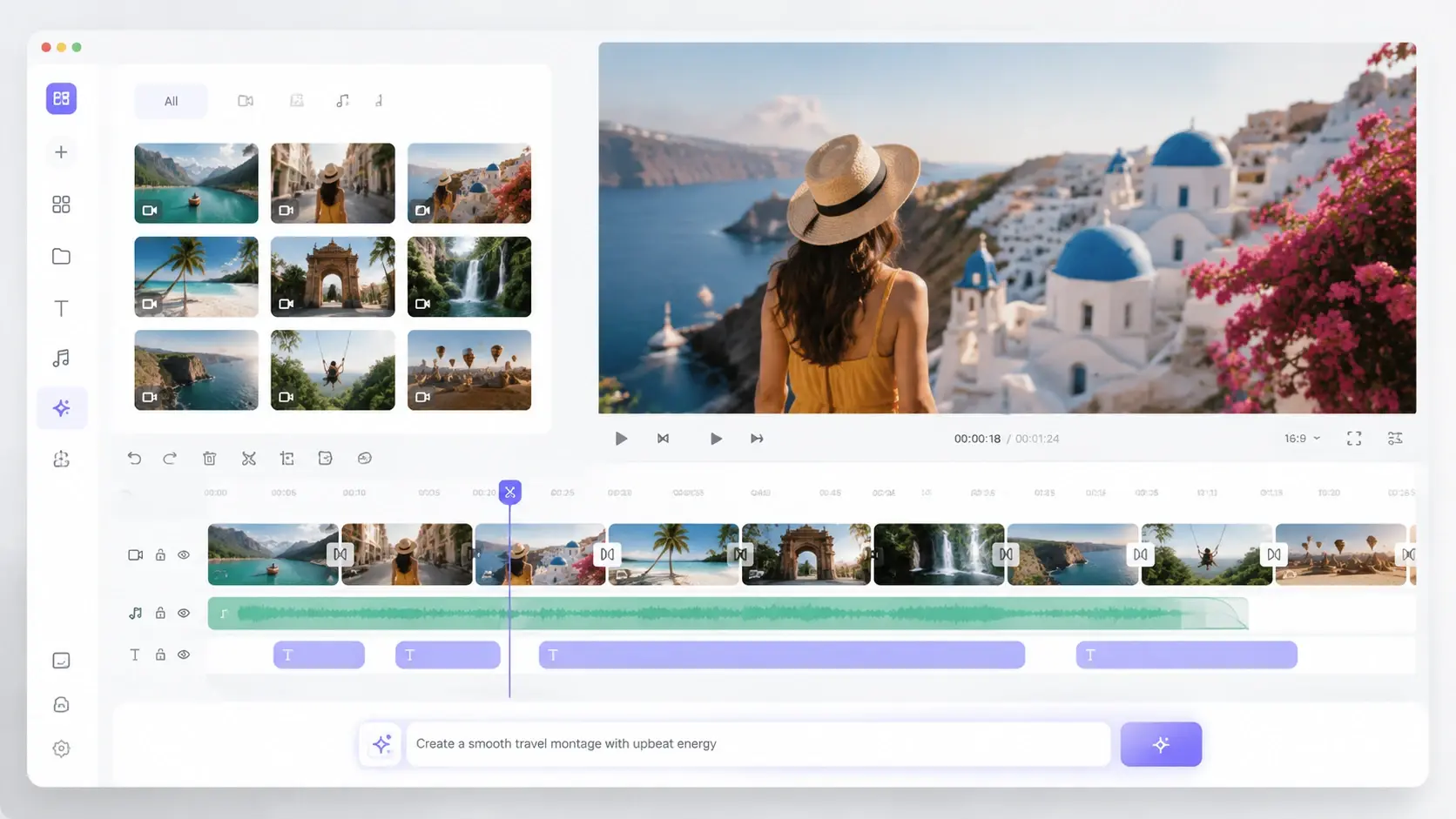 AI video editing workspace with timeline and preview window