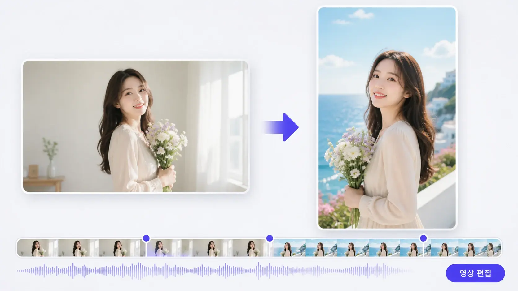 가로 원본 클립이 배경을 바꾼 세로 장면으로 이어진 영상 편집 전후 결과