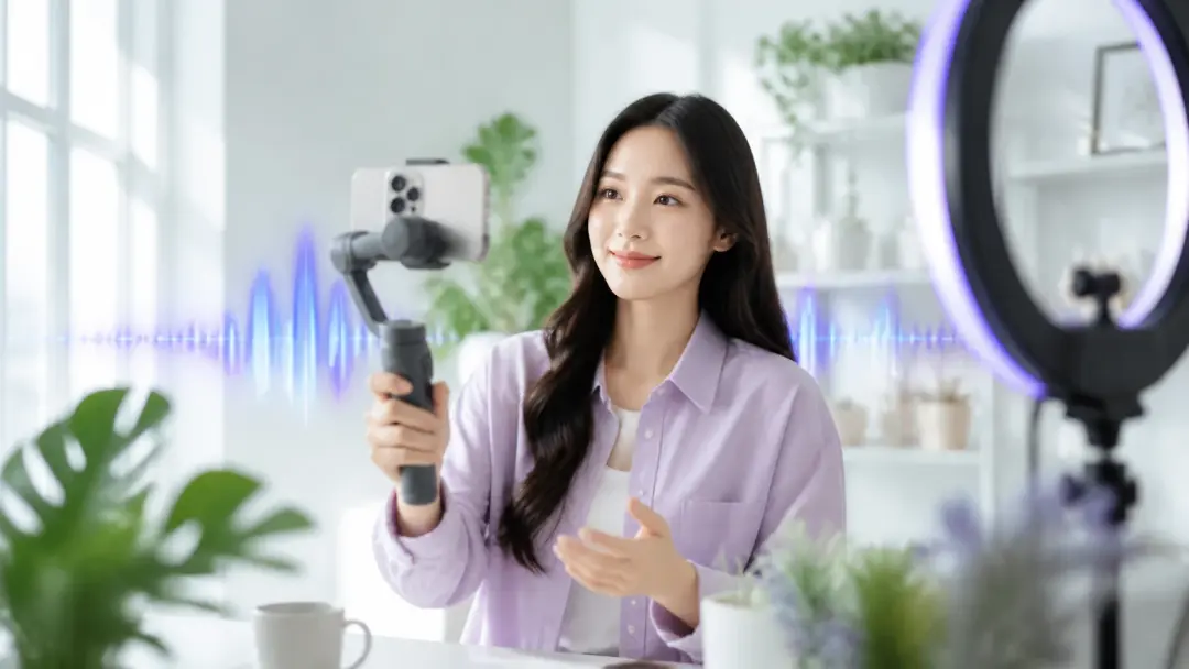 밝은 스튜디오에서 숏폼 크리에이터가 세로 장면을 확인하는 영상 편집 작업 공간