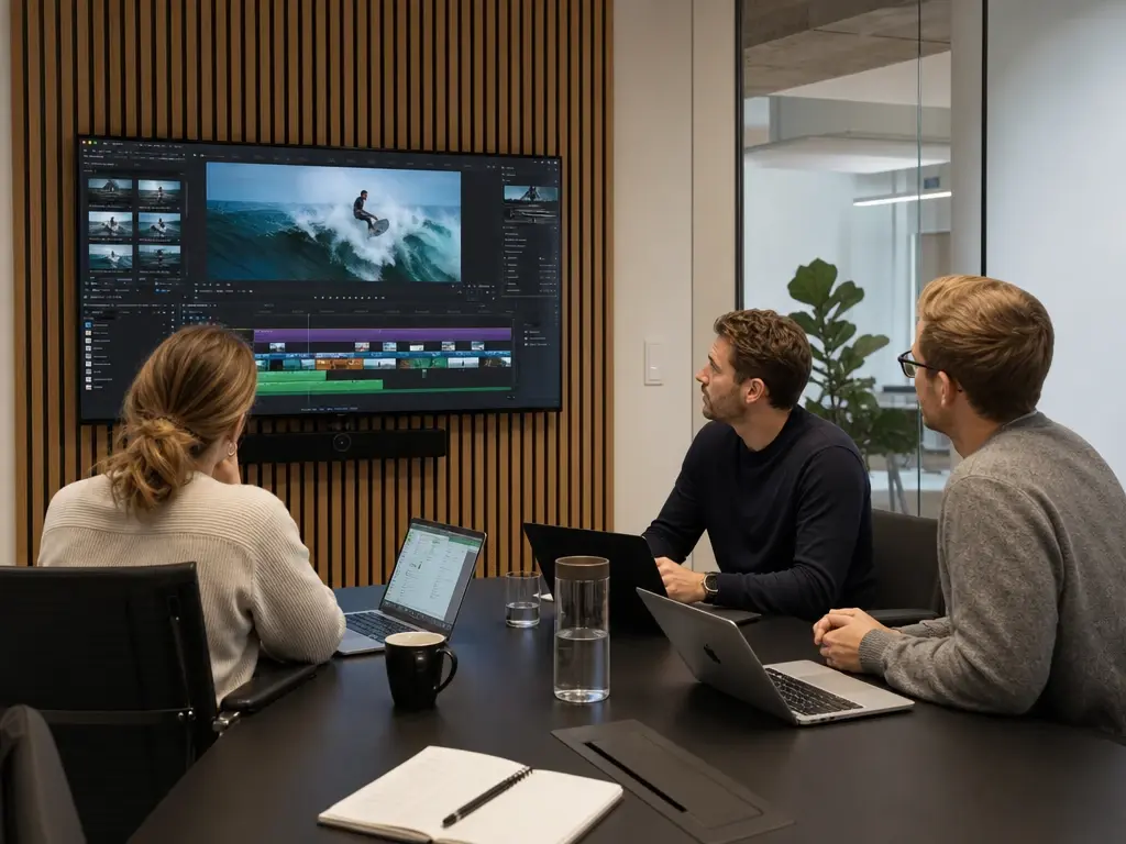 Brand marketing team reviewing video edit in conference room