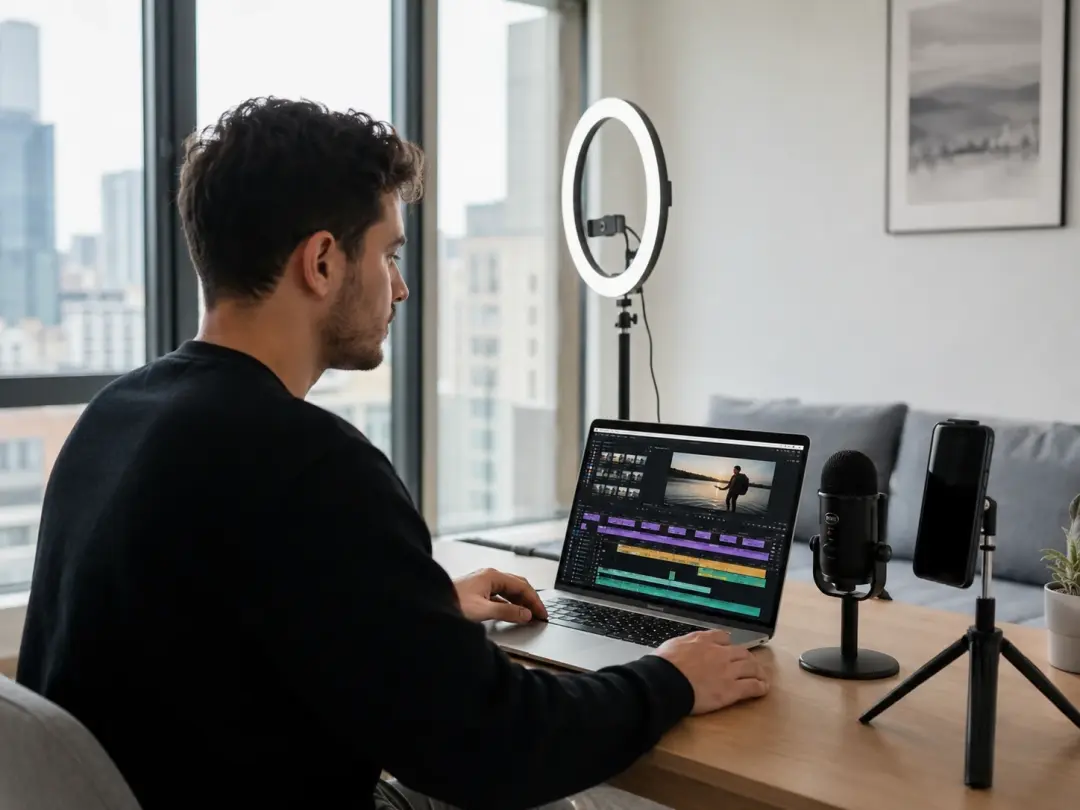Content creator editing video on laptop with ring light