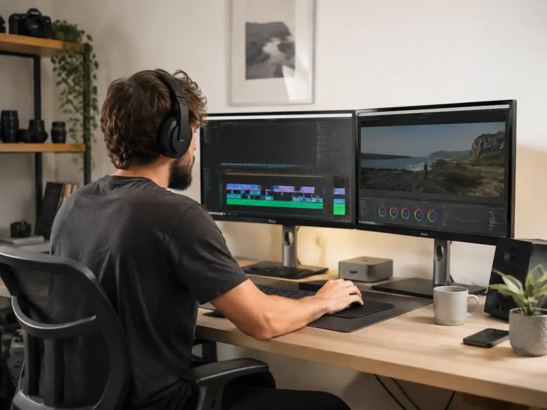 Freelance video producer editing on dual monitors at home studio