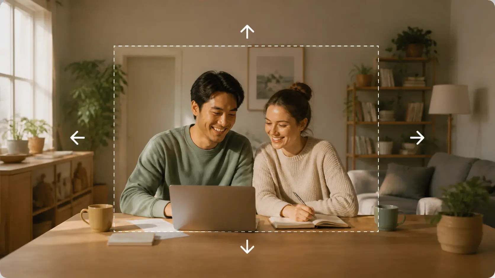 A square photo becoming a wide panorama by adding scenery on both sides instead of cropping