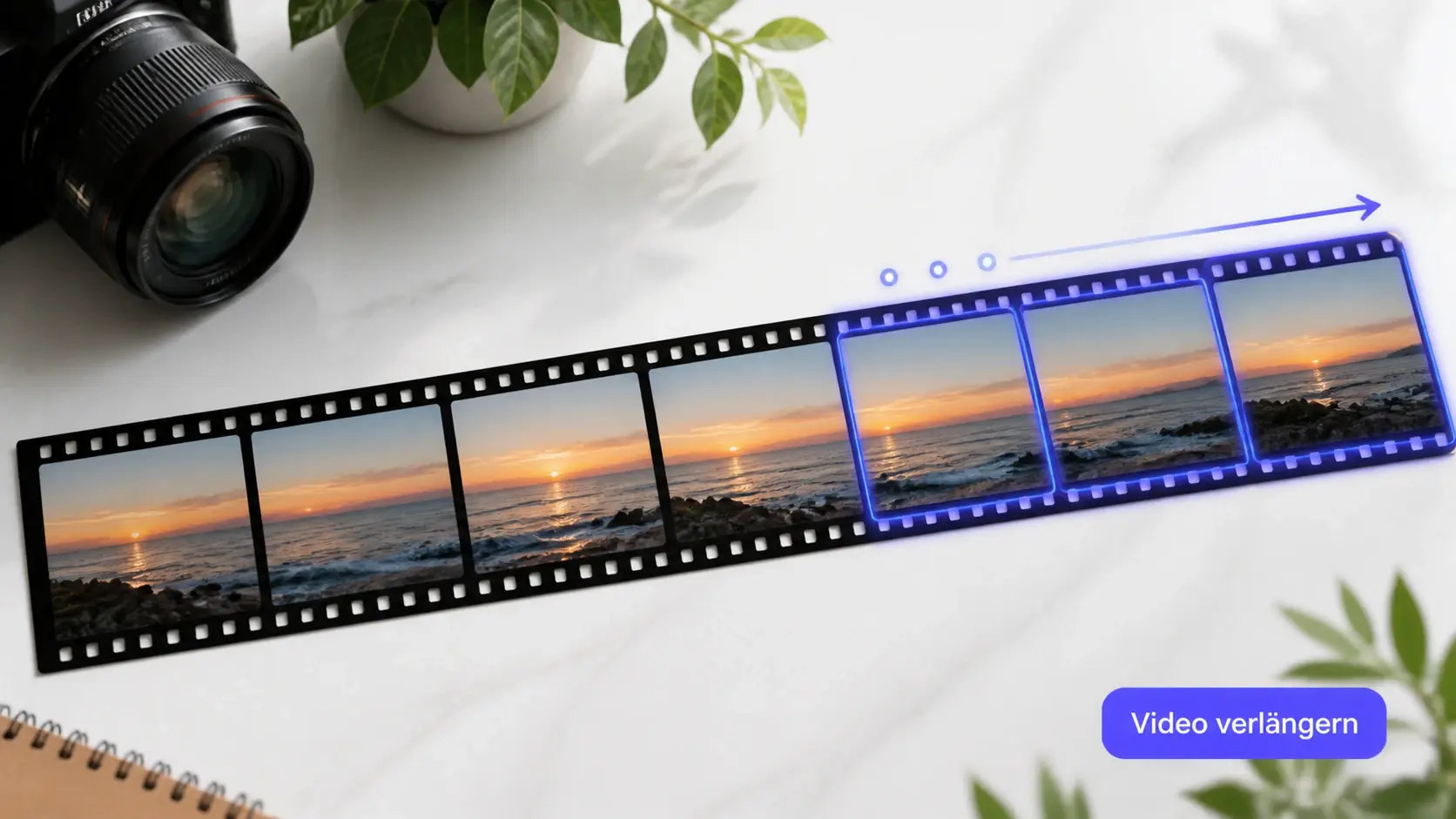 Filmstreifen mit neu angefügten Frames zeigt video verlängern mit ruhigem Übergang