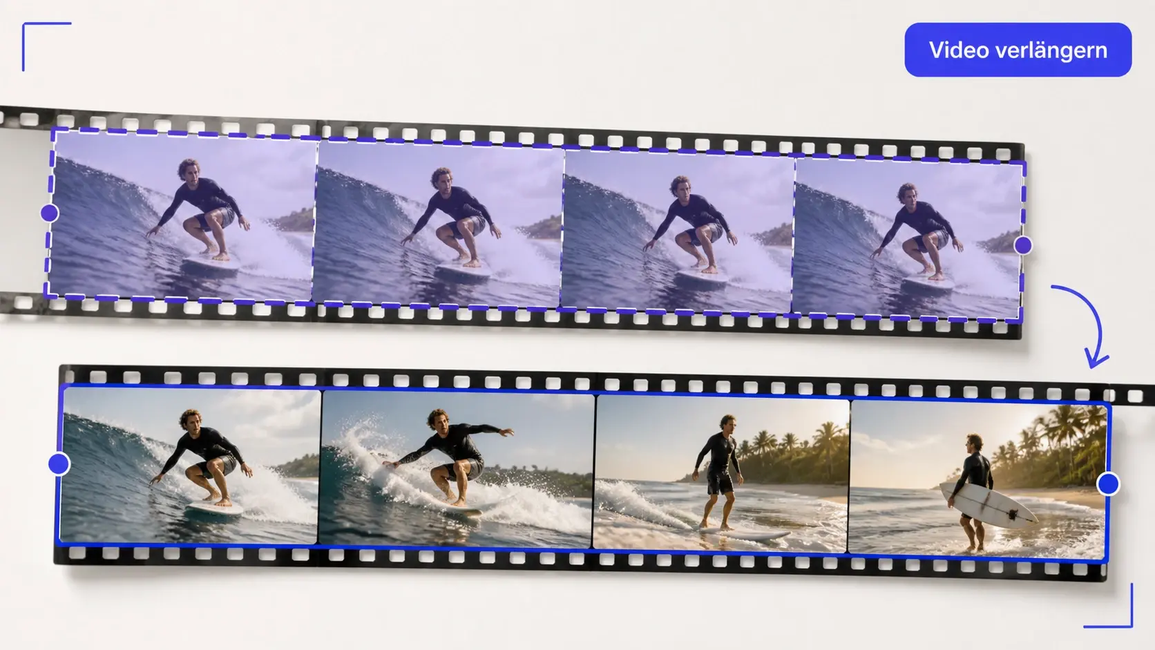 Zwei Filmstreifen im Vergleich zeigen video verlängern mit neuen Frames statt Wiederholung