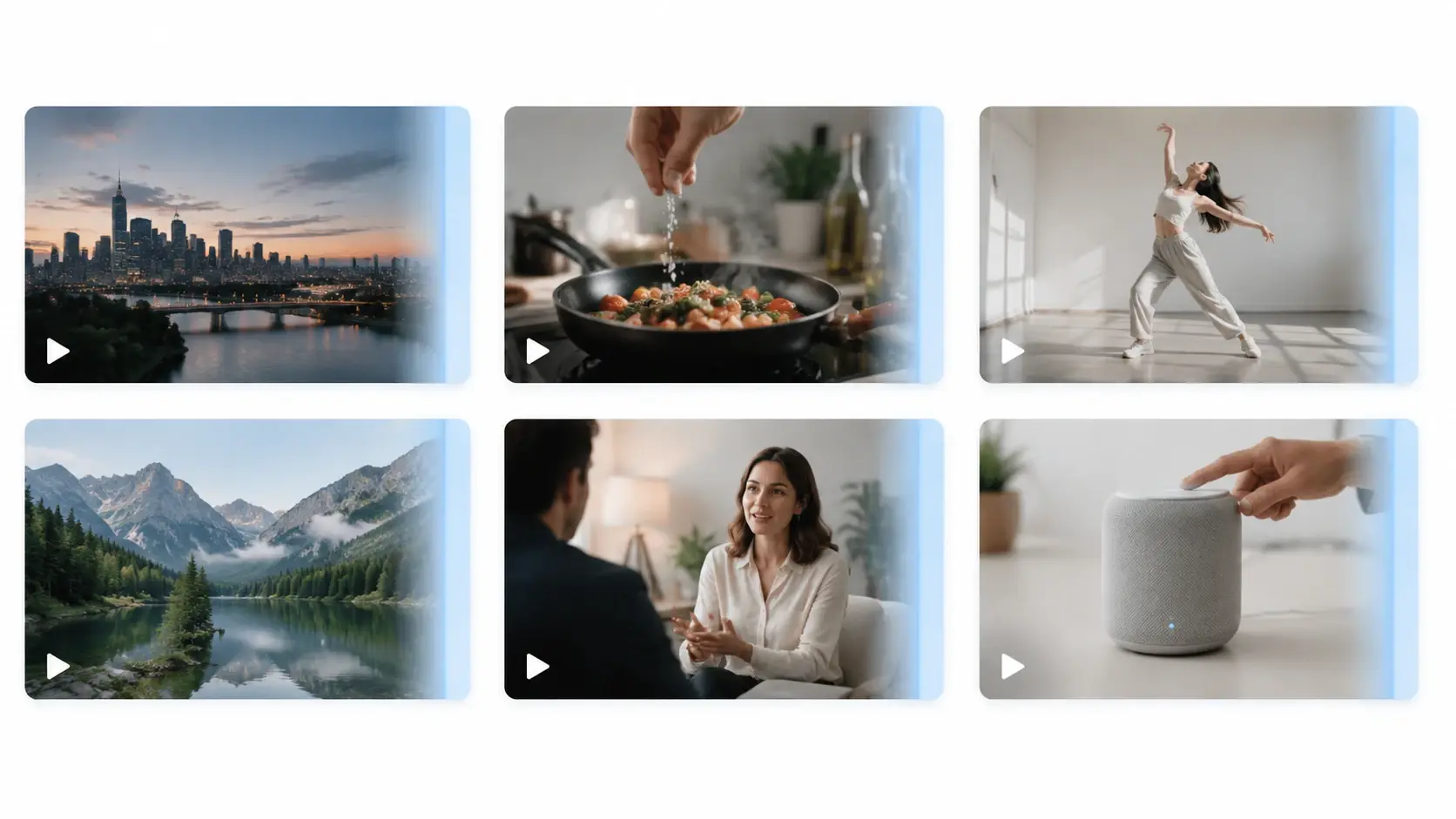 Grid of six video clips all extended with AI