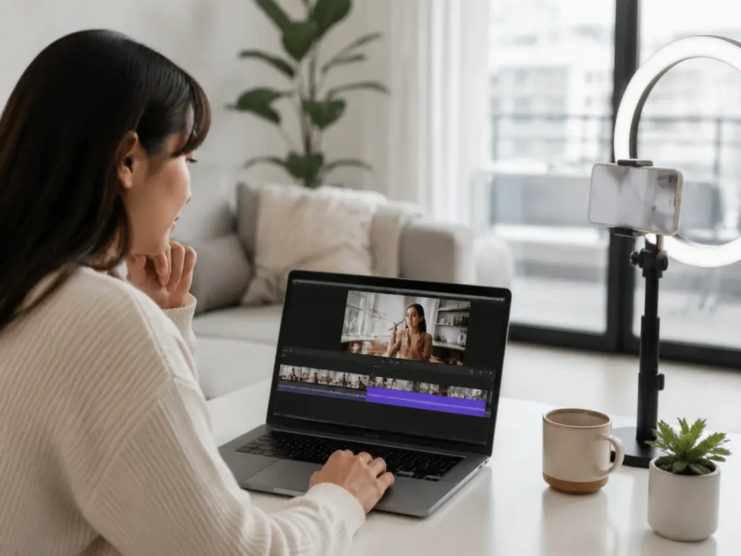 Short-form video creator reviewing extended clip on laptop