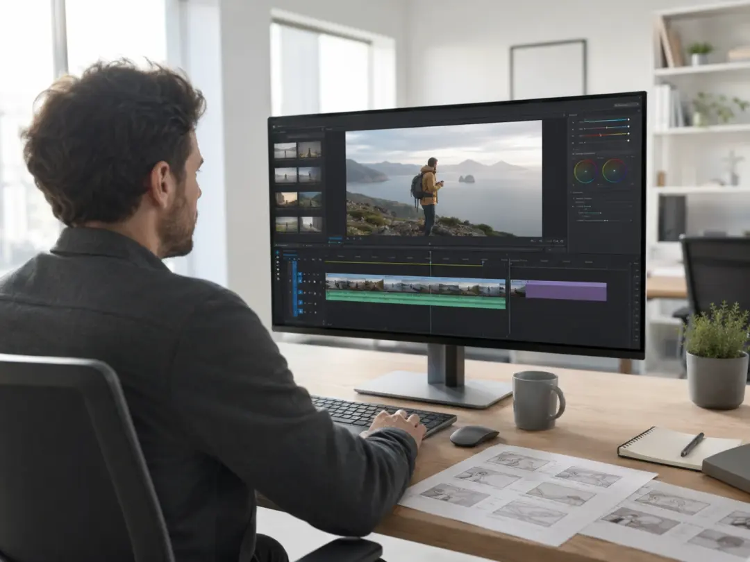 Marketing producer reviewing extended ad video on monitor