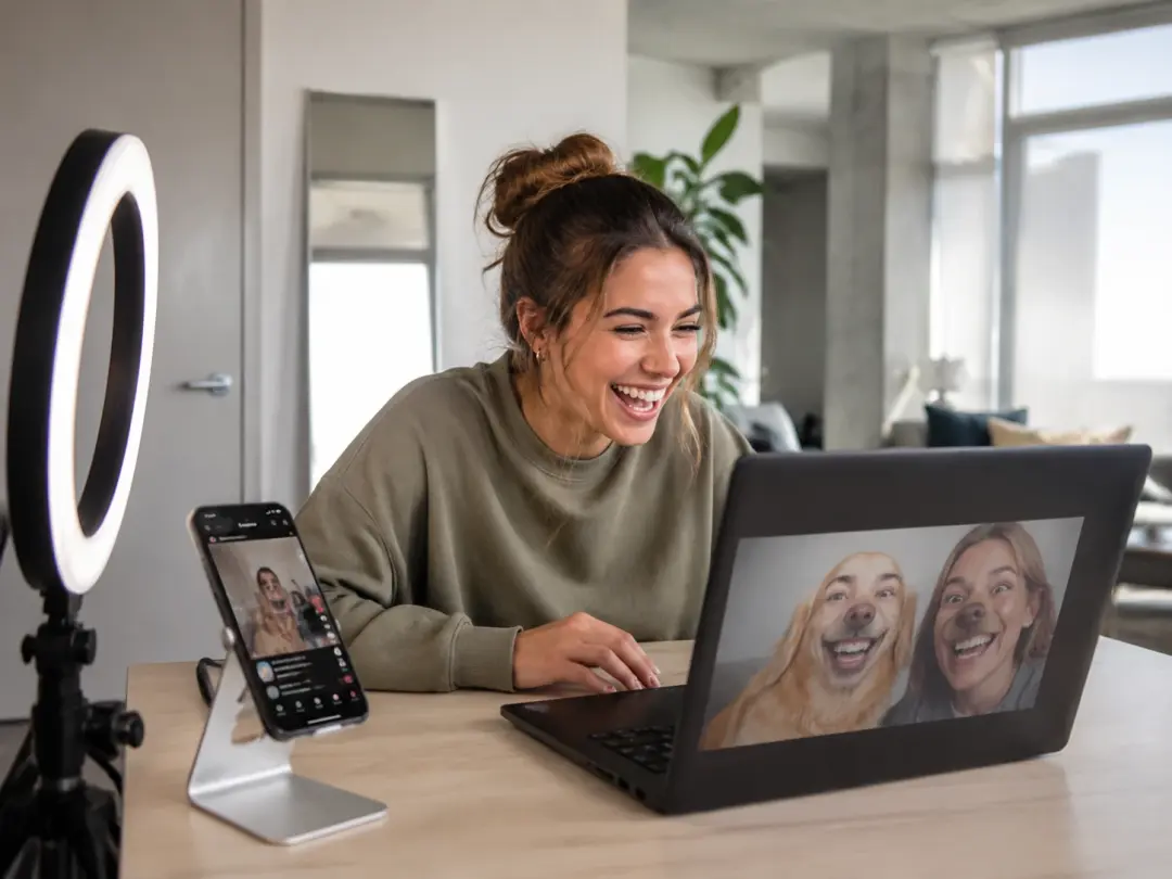 Social media creator laughing at a face swap meme on laptop