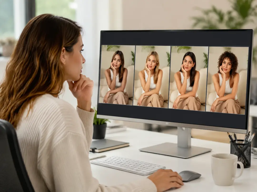 Digital marketer reviewing ad variants with swapped model faces