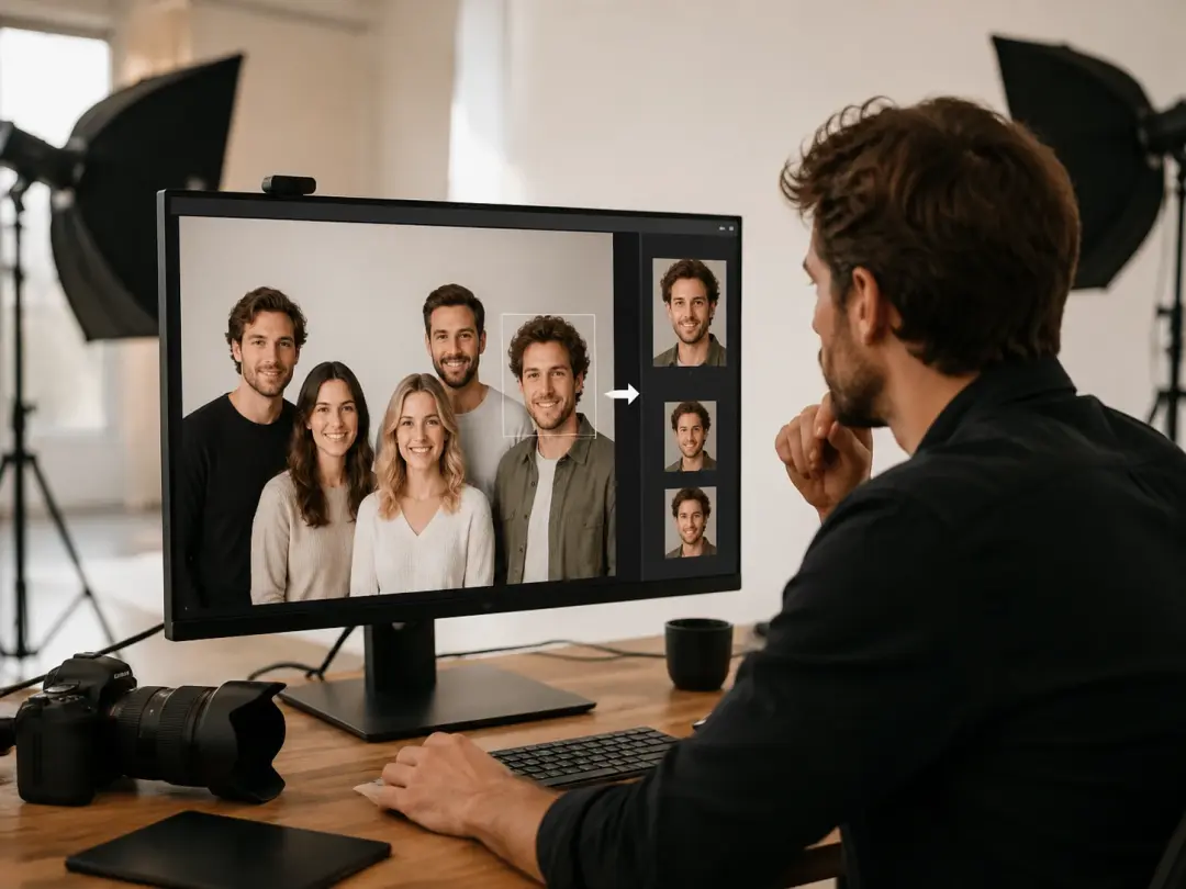 Portrait photographer reviewing a group photo with face swap correction
