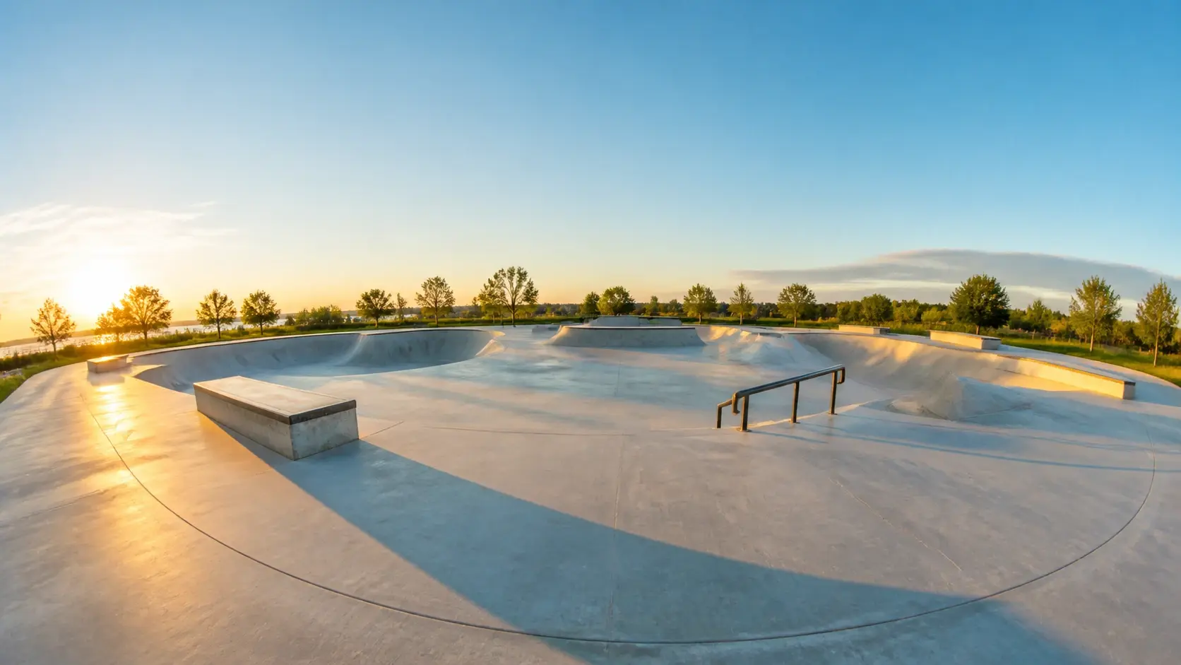 An empty skate plaza at golden hour with the ground swelling and the horizon curving at both edges