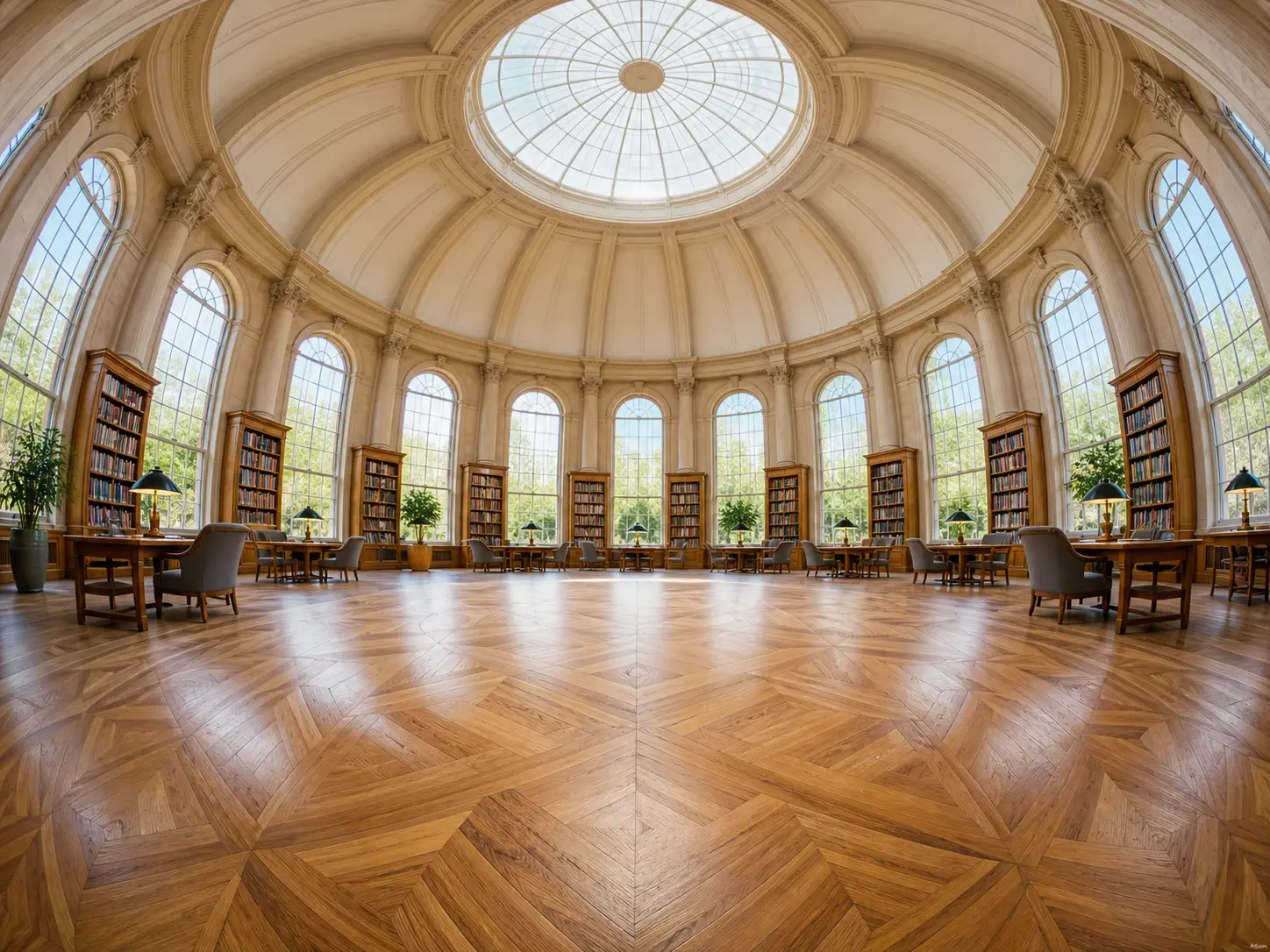 A domed reading room redrawn with a true fisheye, the floor swelling forward and the arches bending back