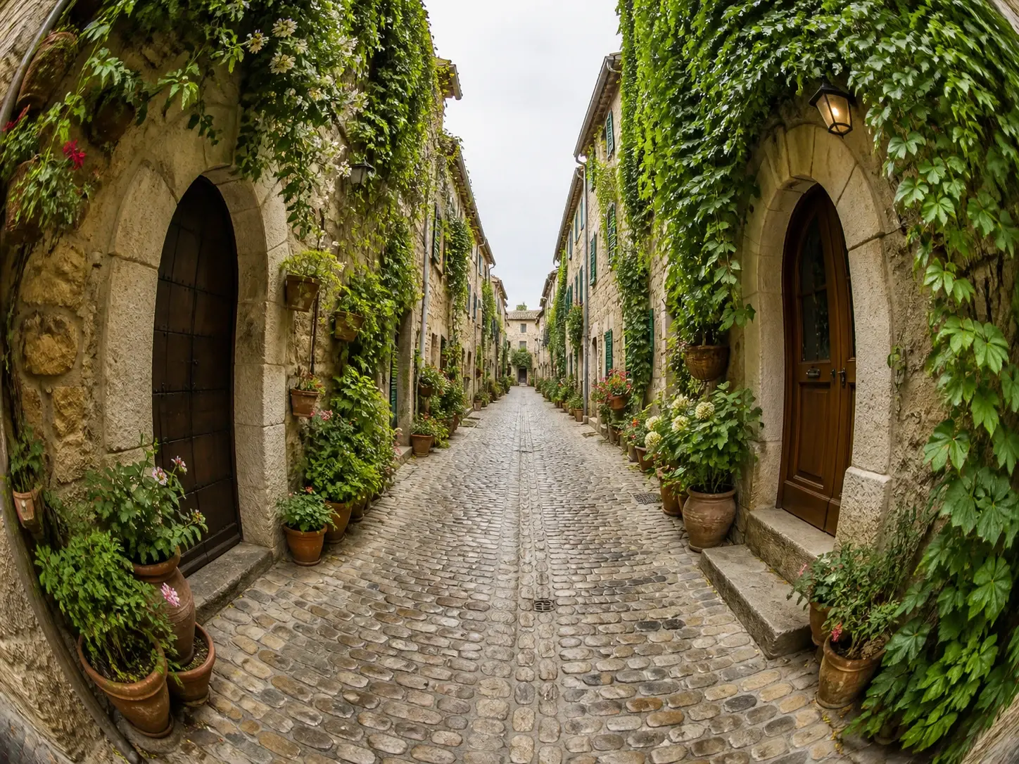 A cobbled alley bent by a fisheye curve judged to keep the cobbles and doorways readable