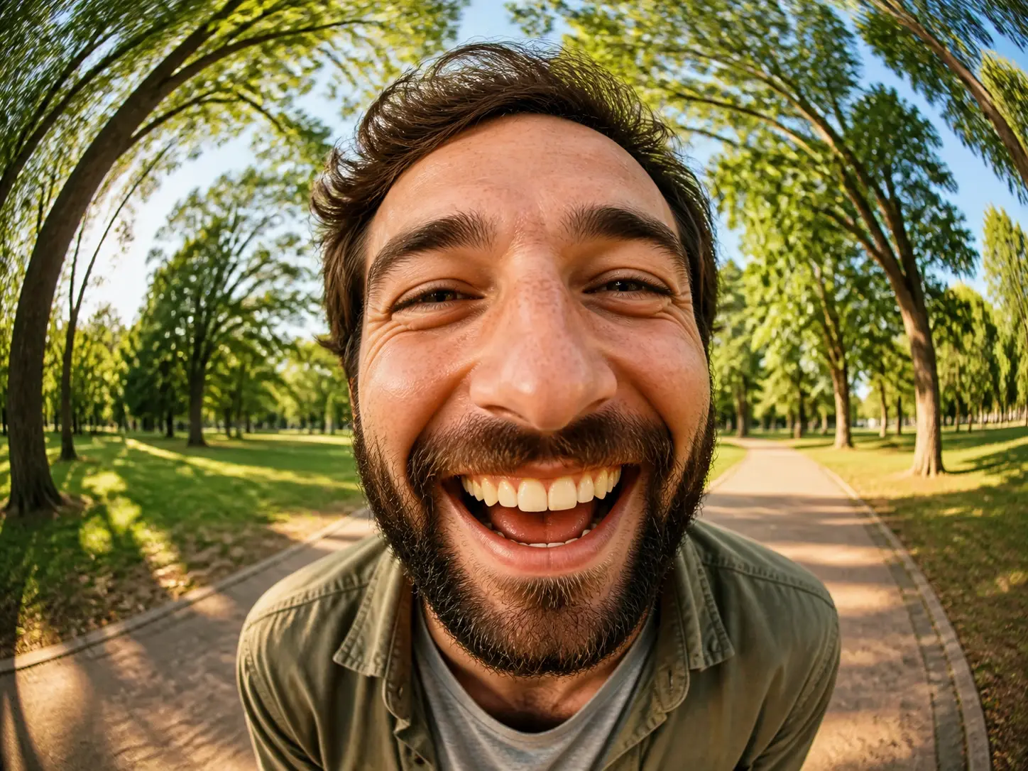 A recognizable face in a fisheye photo, features bent by the lens yet clearly the same person