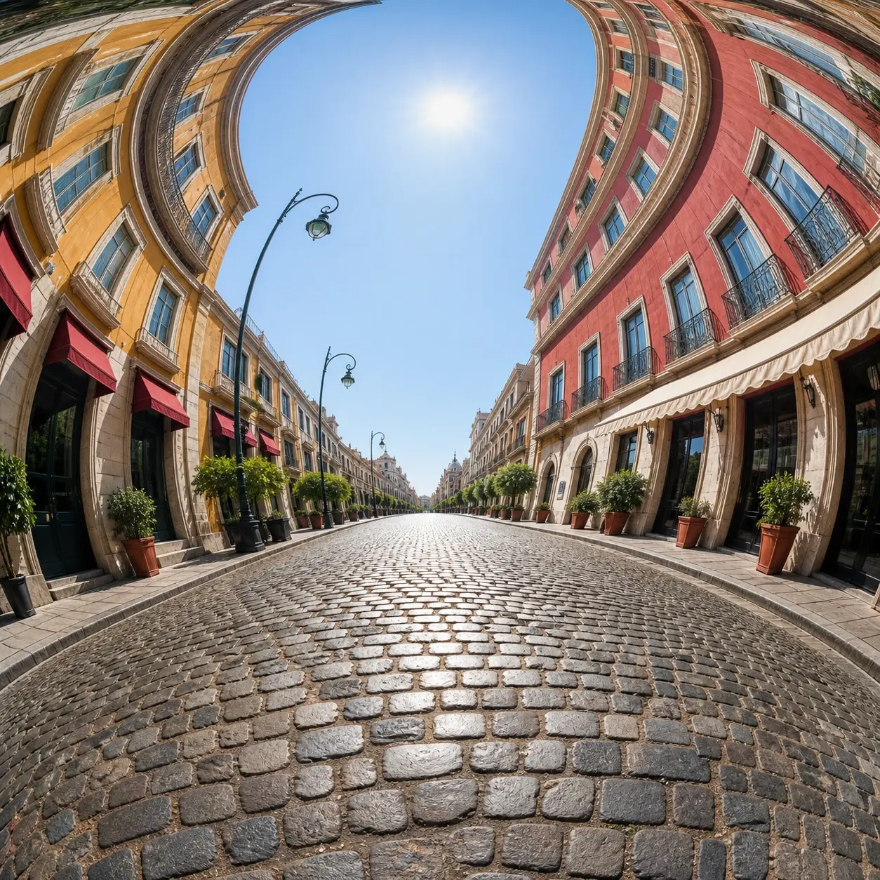 A city street redrawn with a fisheye filter, center bulging and buildings curving inward