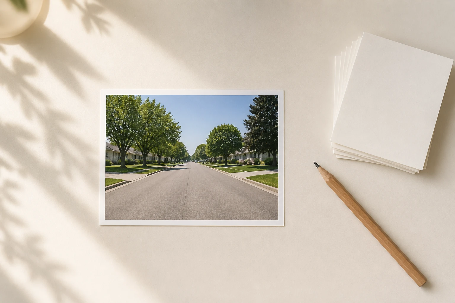 One ordinary print of a straight suburban street lying alone on a clean pale desk