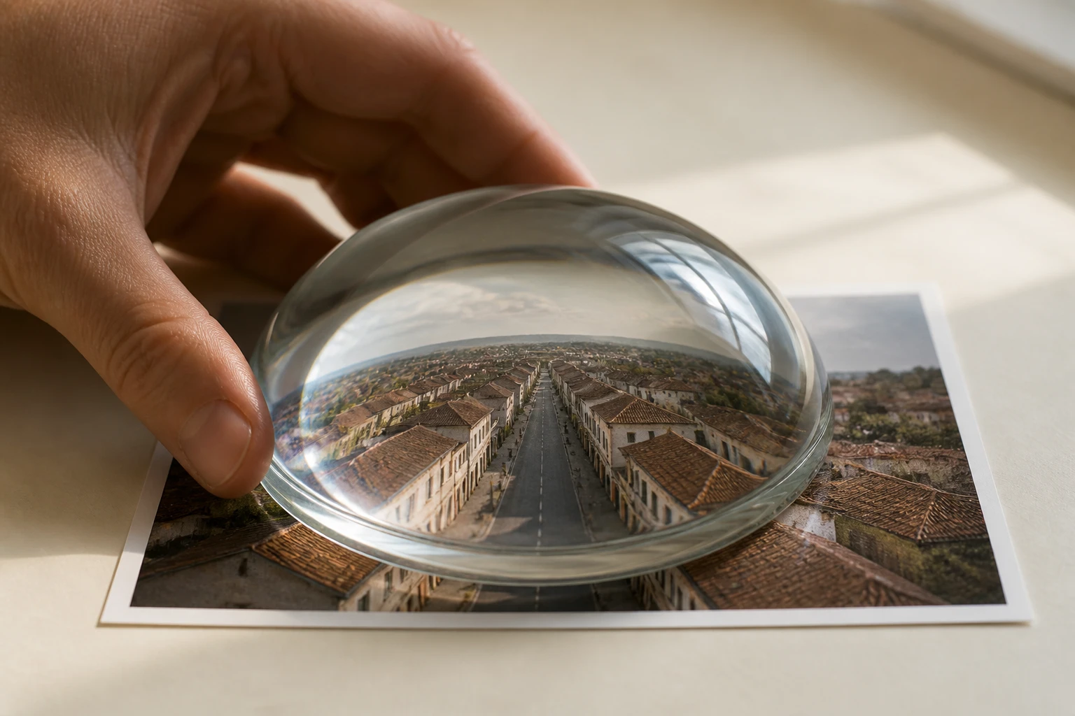 A convex glass dome held over the street print, bulging the road and rooftops beneath it