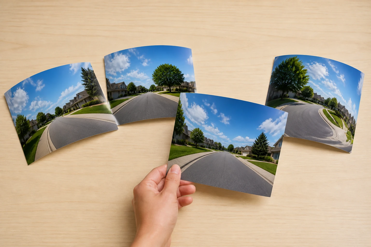 Four prints of the same street each bent differently, with one slid forward as the pick
