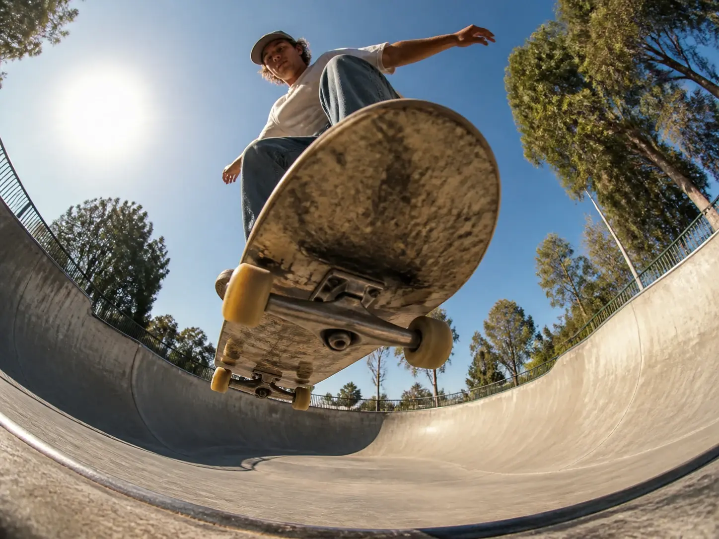 Skater mid trick with a fisheye lens skateboarding look, deck large and background curving inward