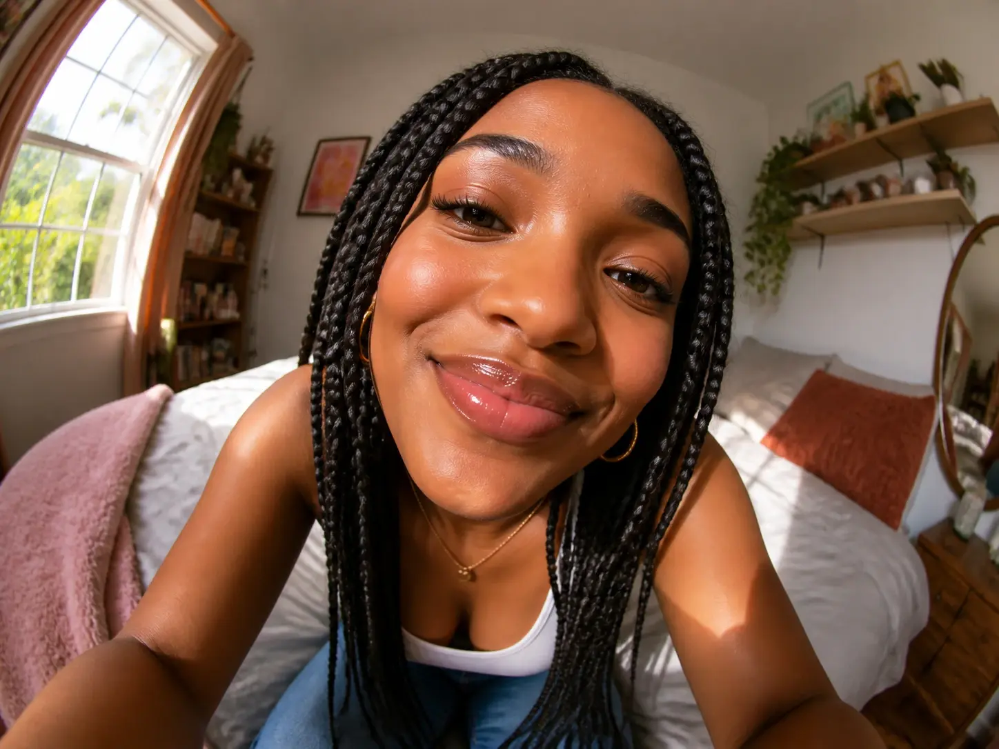 A square avatar with a fisheye pfp look, face close to the lens and edges curving inward