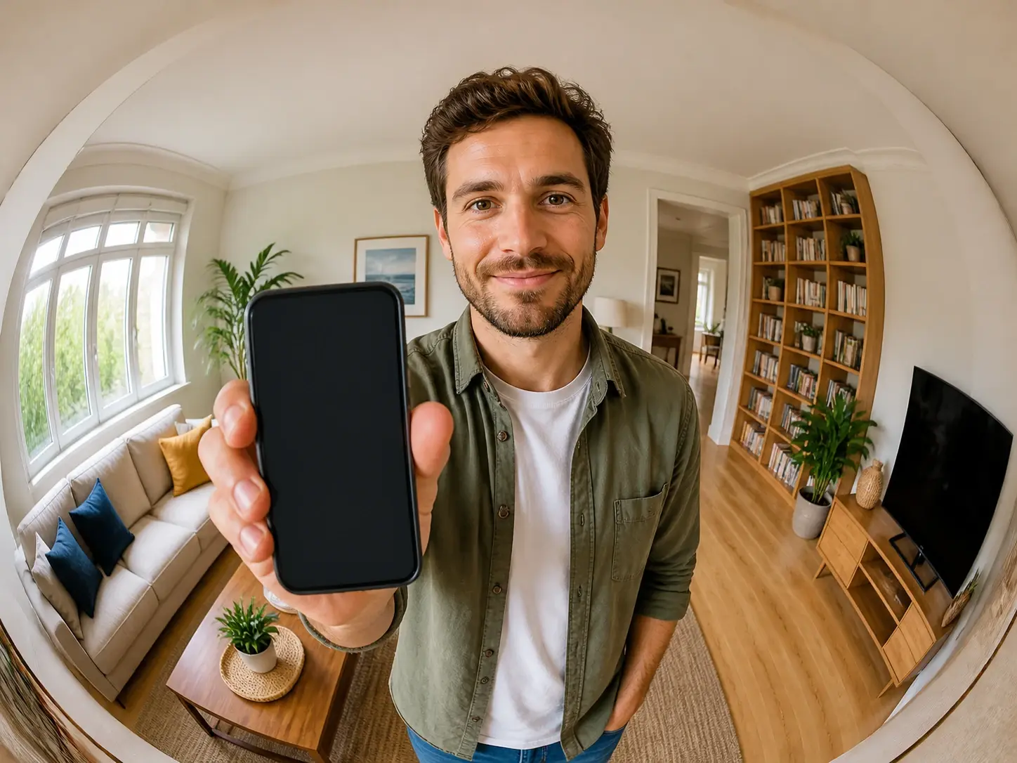 A phone held up for a fisheye selfie, the face bulging slightly and the room curving at the edges