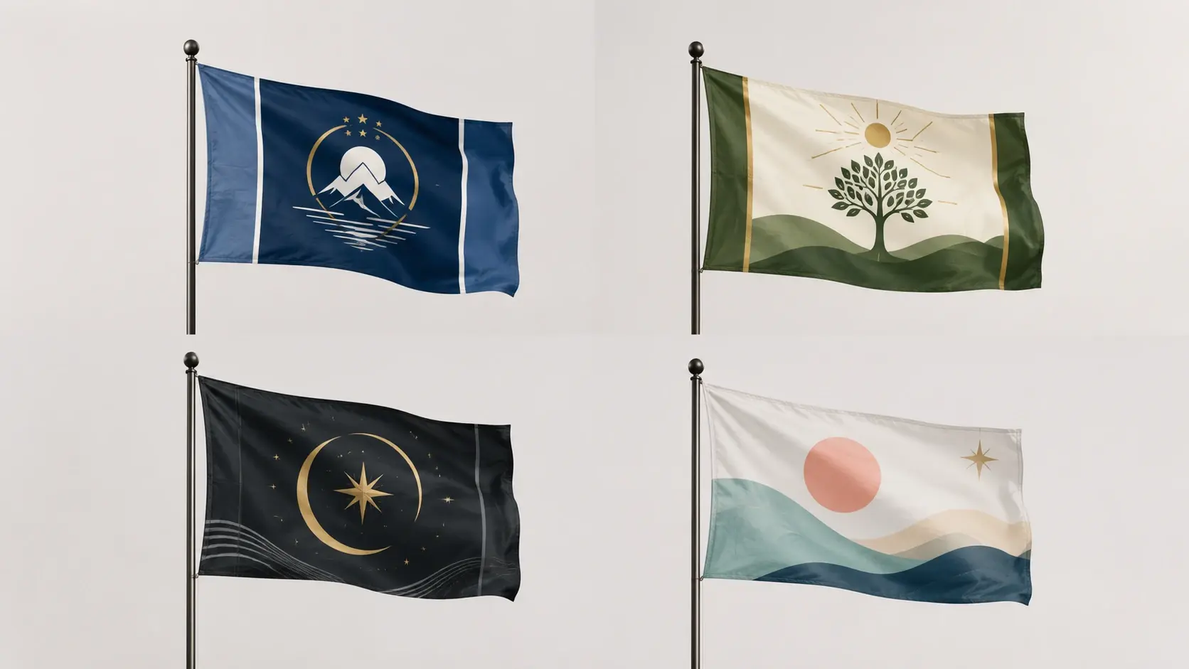 Short written prompt turning into four original flag designs on a dark studio backdrop