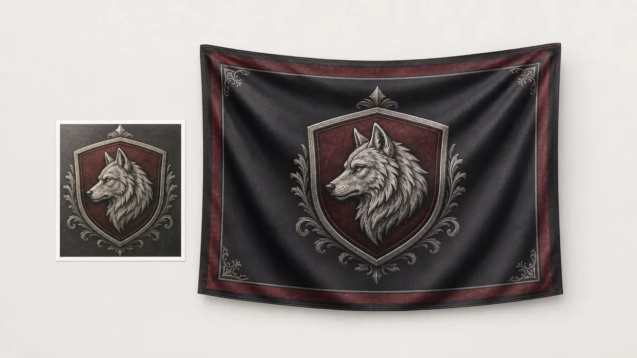 Uploaded wolf crest reference photo next to a banner design built around the same emblem