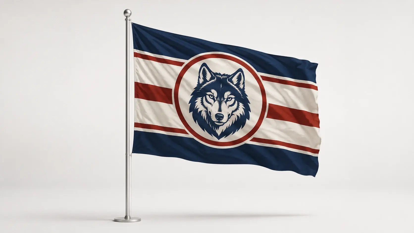 Original fictional flag design with bold stripes and a wolf emblem on a tall mast