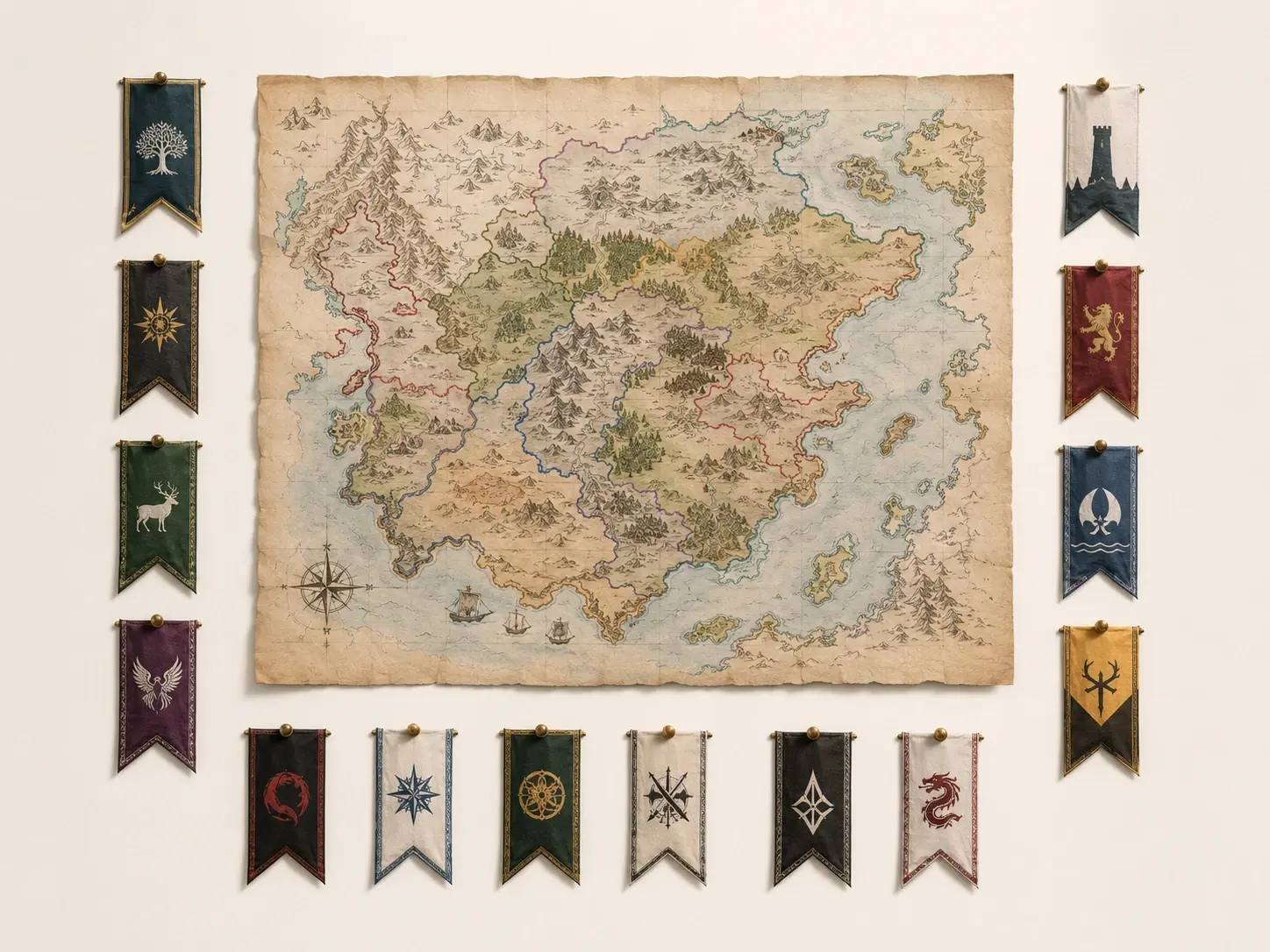 Worldbuilder's hand drawn map with borders and generated kingdom flags pinned beside it