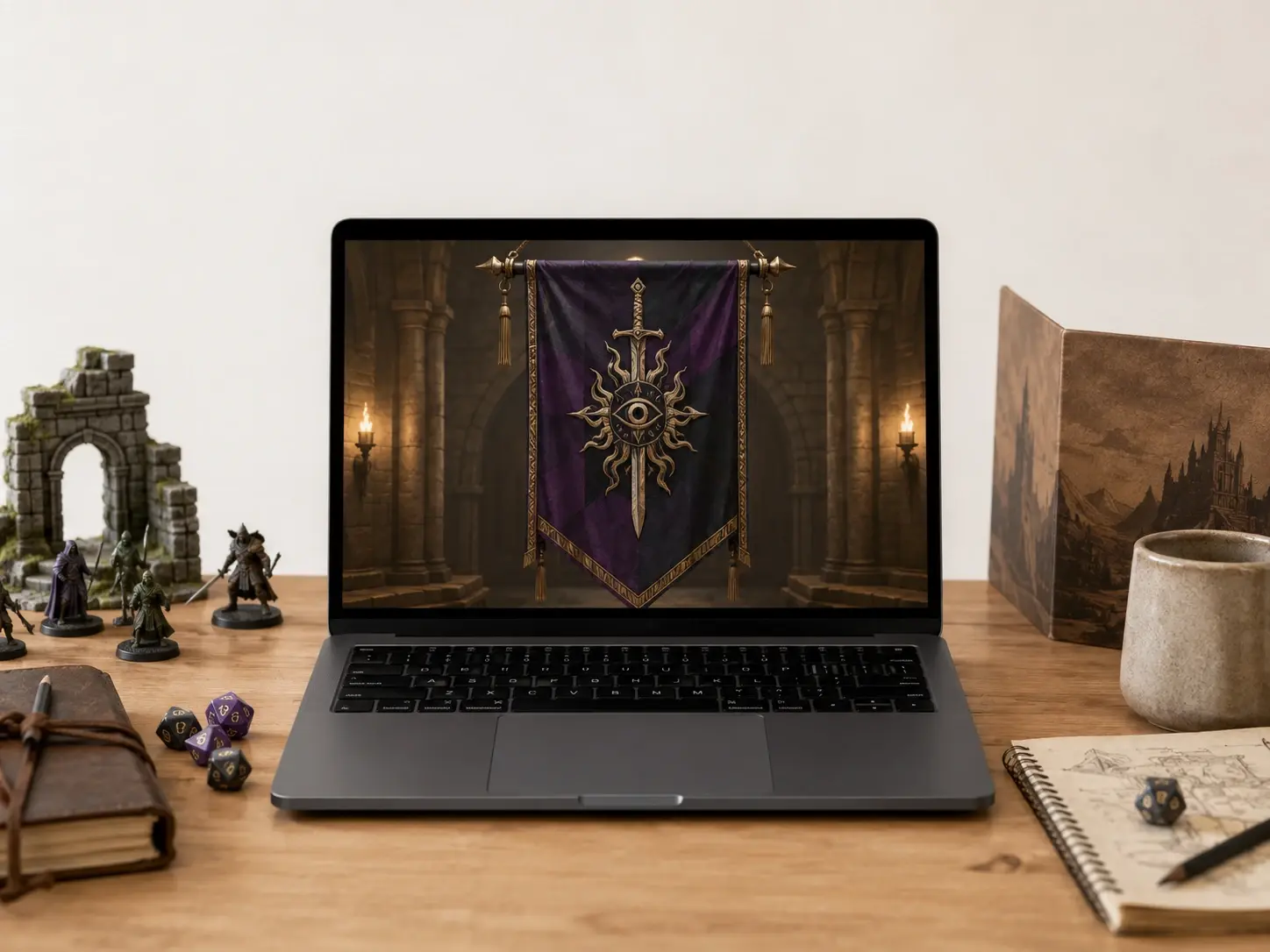 Game master's laptop showing a generated cult banner during a tabletop RPG session