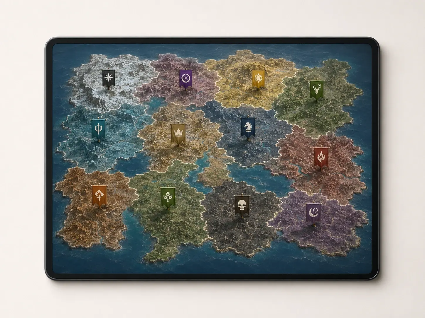 Strategy game war map screen with twelve small faction flag icons across territory tiles