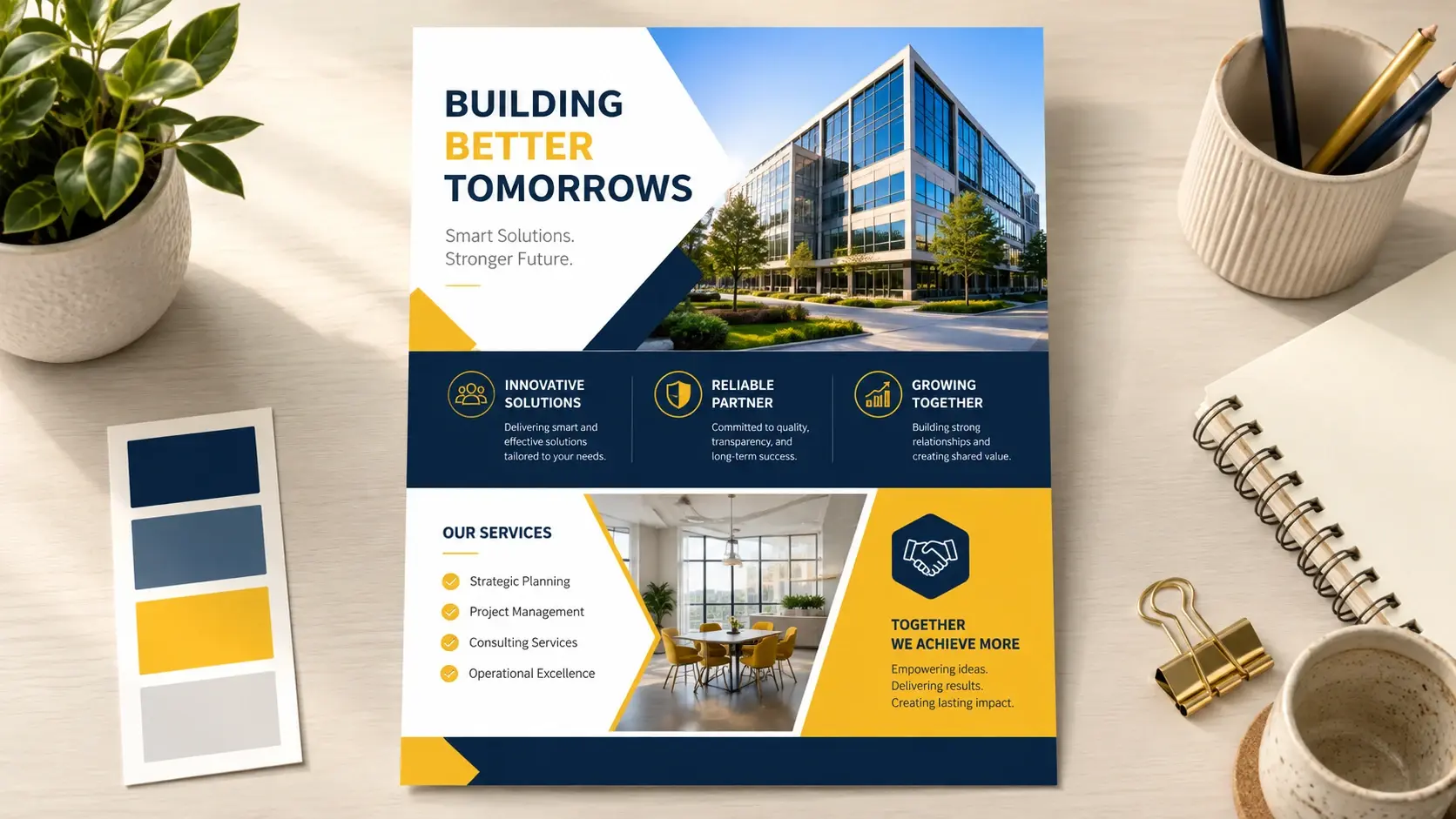 Finished editable flyer design on a bright creative workspace with clear layout and brand colors