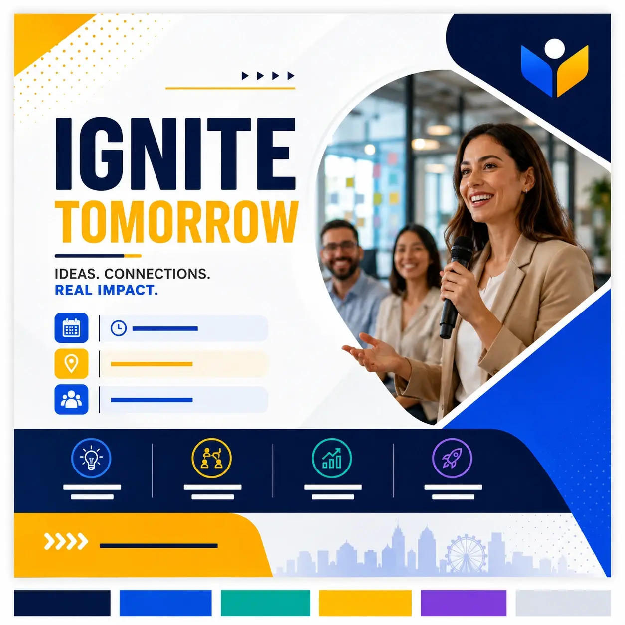 Square event flyer with a clear headline, date, venue, logo area, and bright brand colors