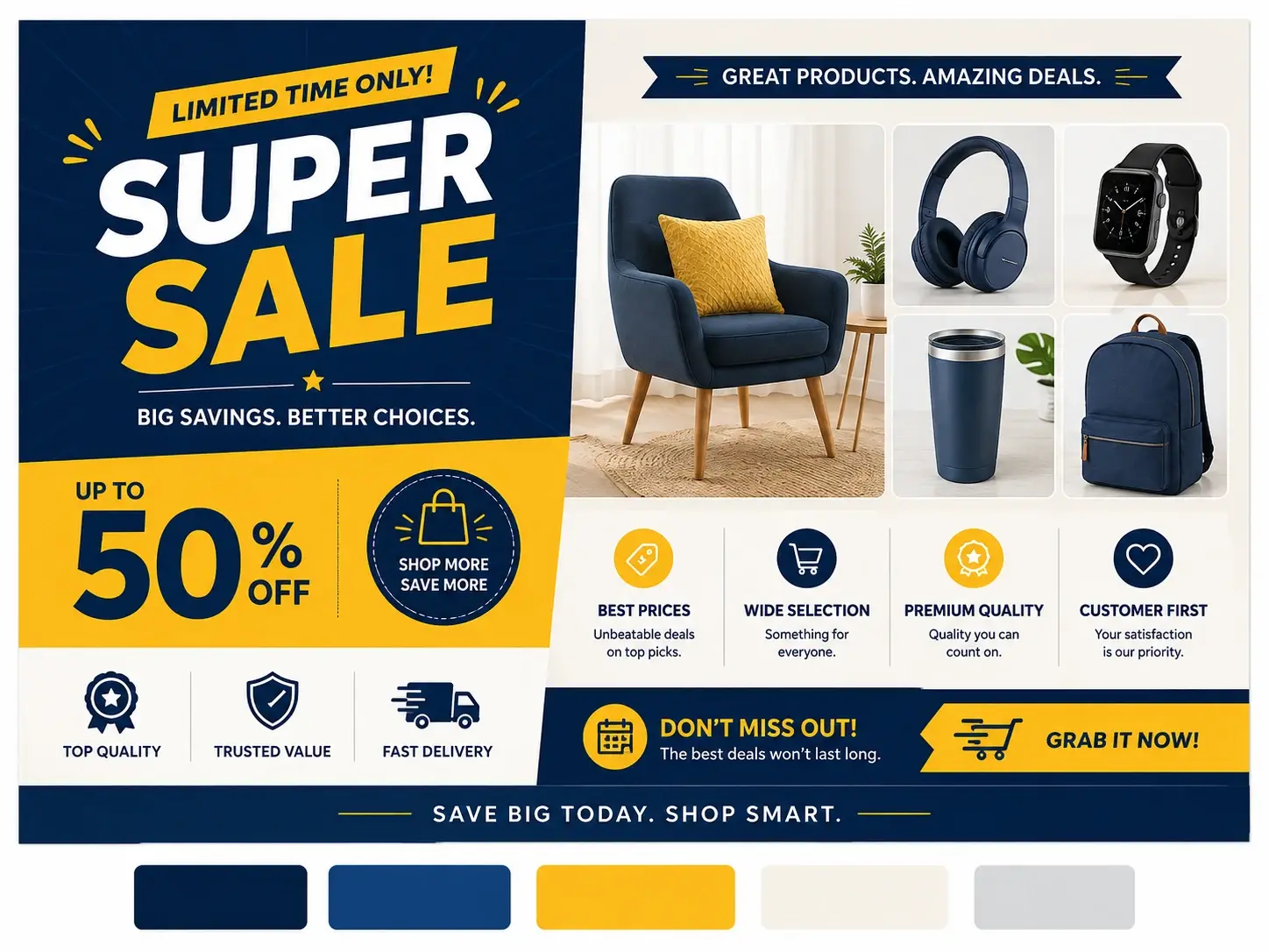 Retail promotion flyer with offer details, product area, readable hierarchy, and coordinated colors