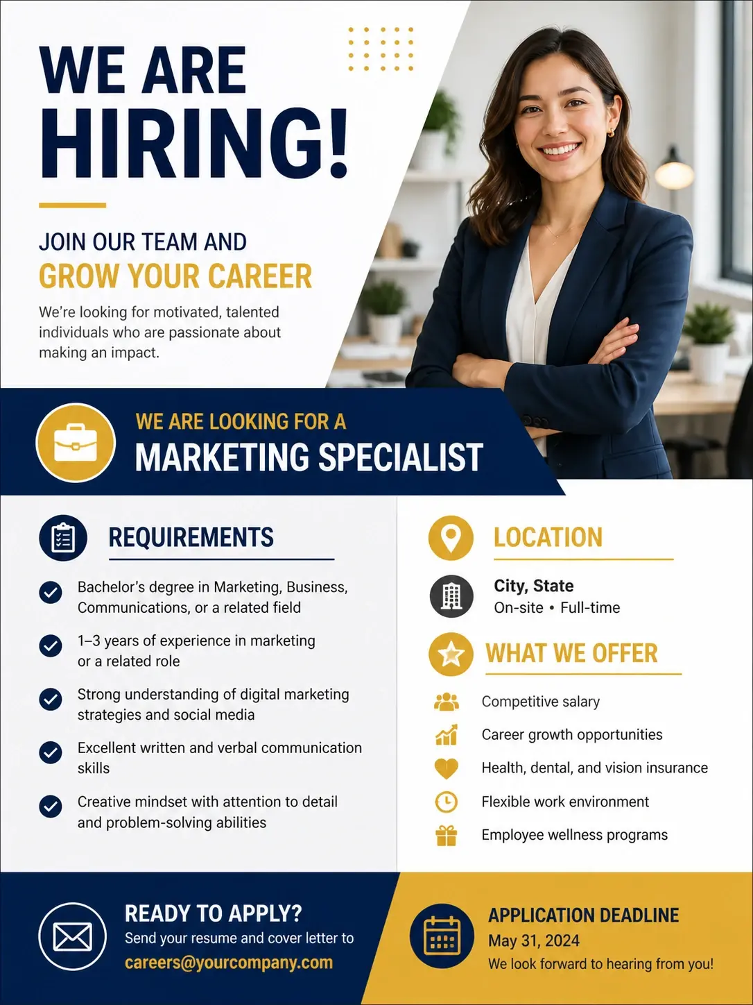 Recruitment notice flyer with a job title, requirements, location, and clear application call to action
