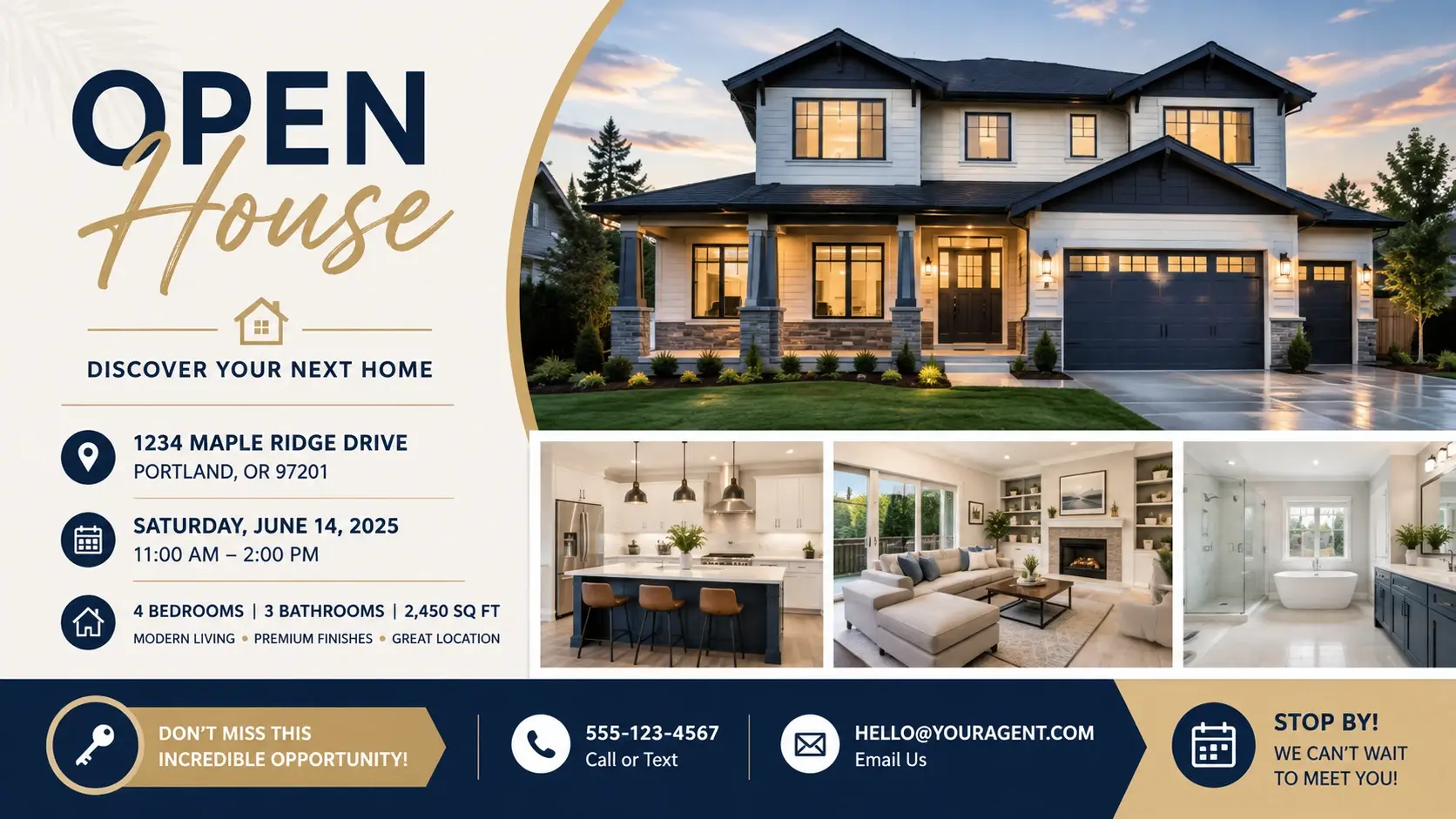 Real estate open house flyer with a property photo area, address, event time, and contact call to action