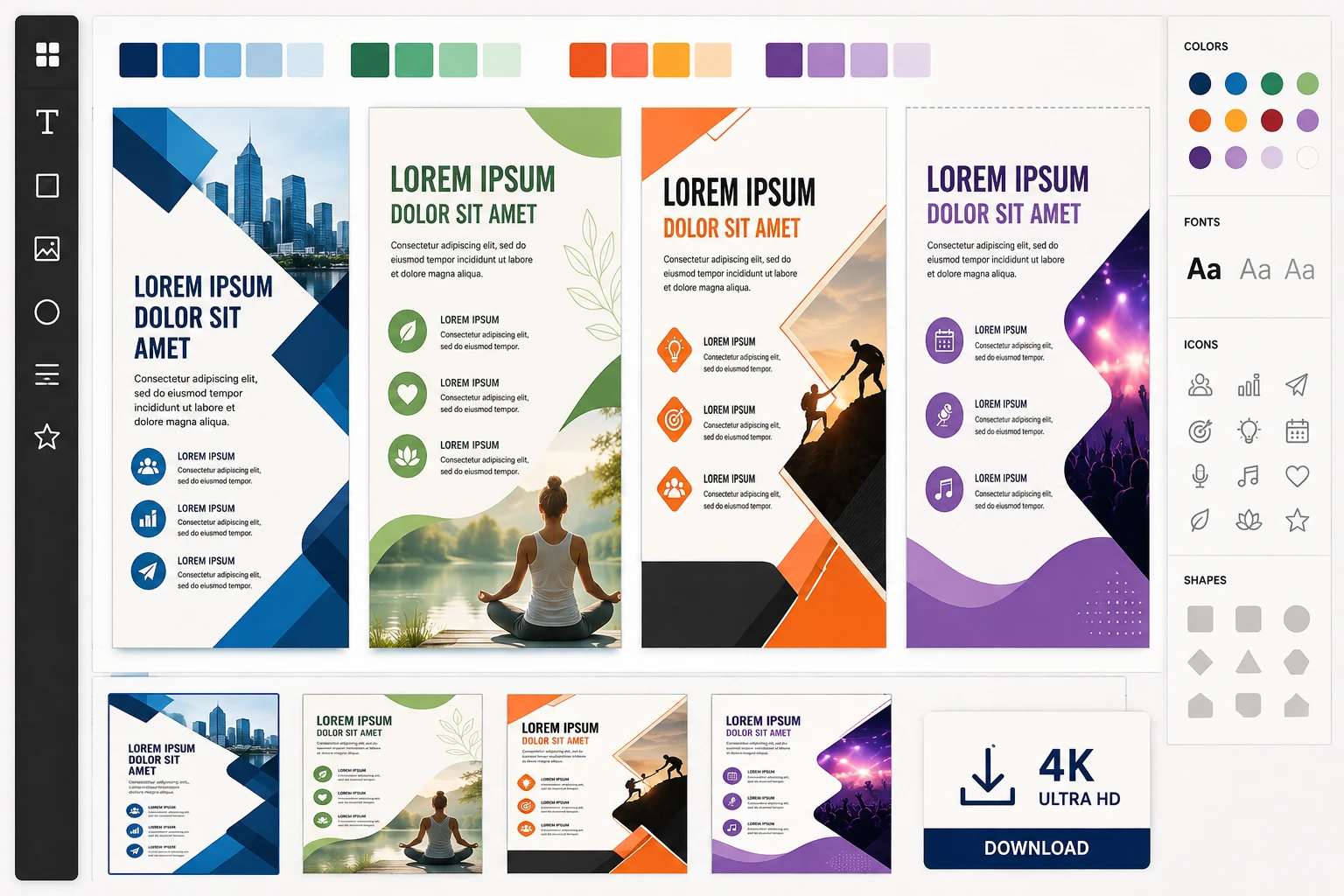 Multiple flyer layout candidates with editor controls and 4K download option