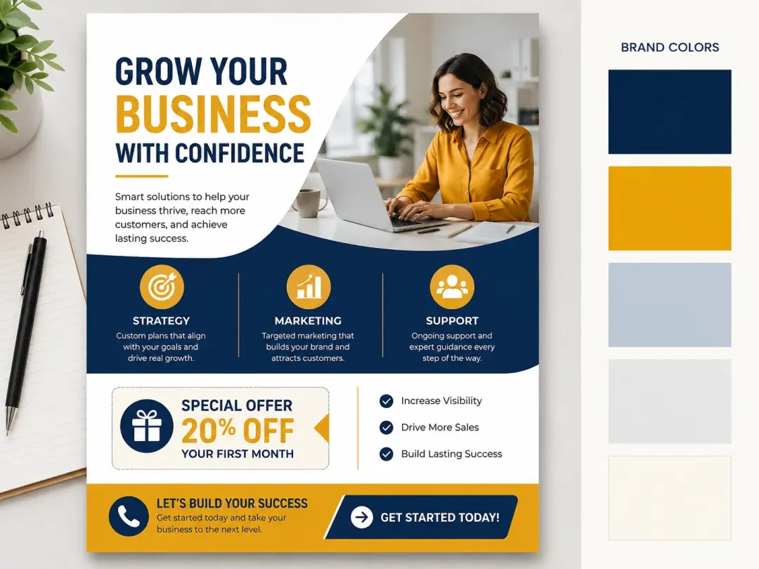 Small business flyer with logo, offer text, brand colors, and CTA