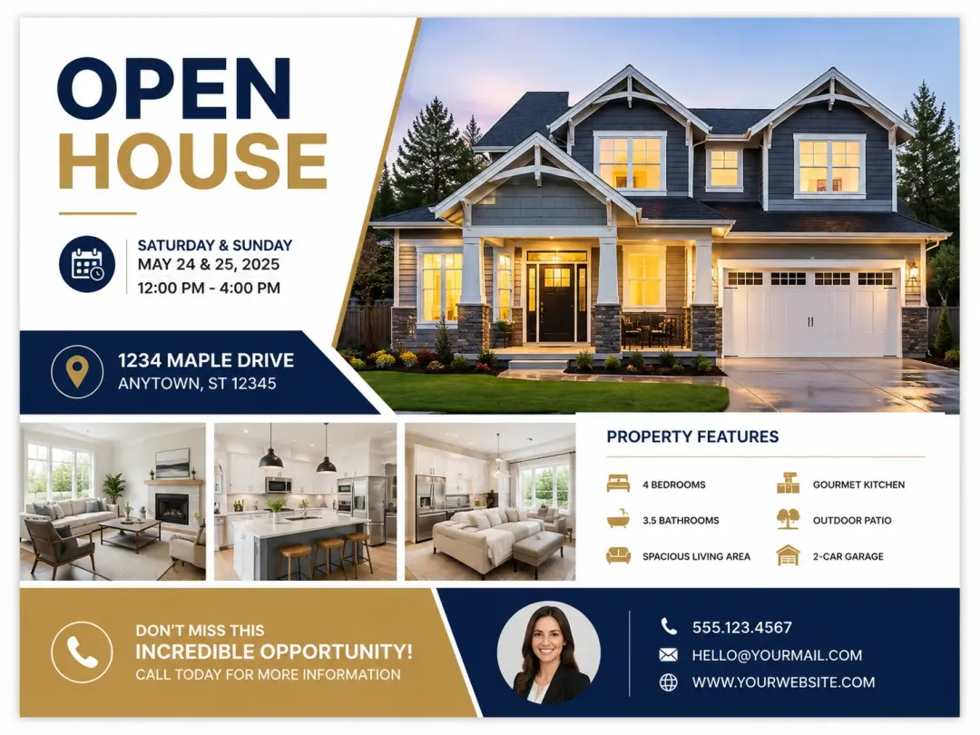 Real estate flyer design with property photo, open house time, address, and contact CTA