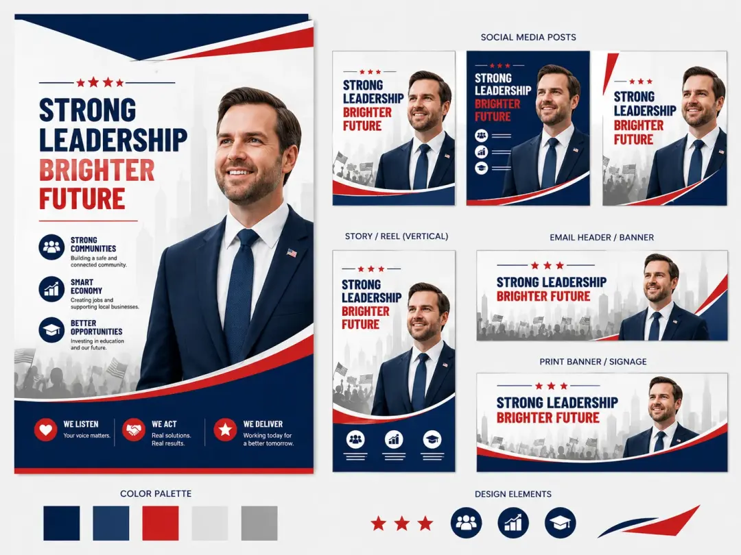 Campaign flyer variants in digital sizes with consistent colors and message