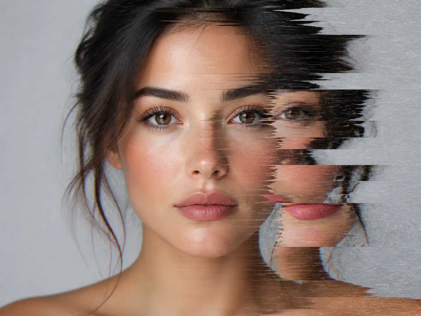 One face shown in three glitch strengths, from a light colour split to a heavily torn frame