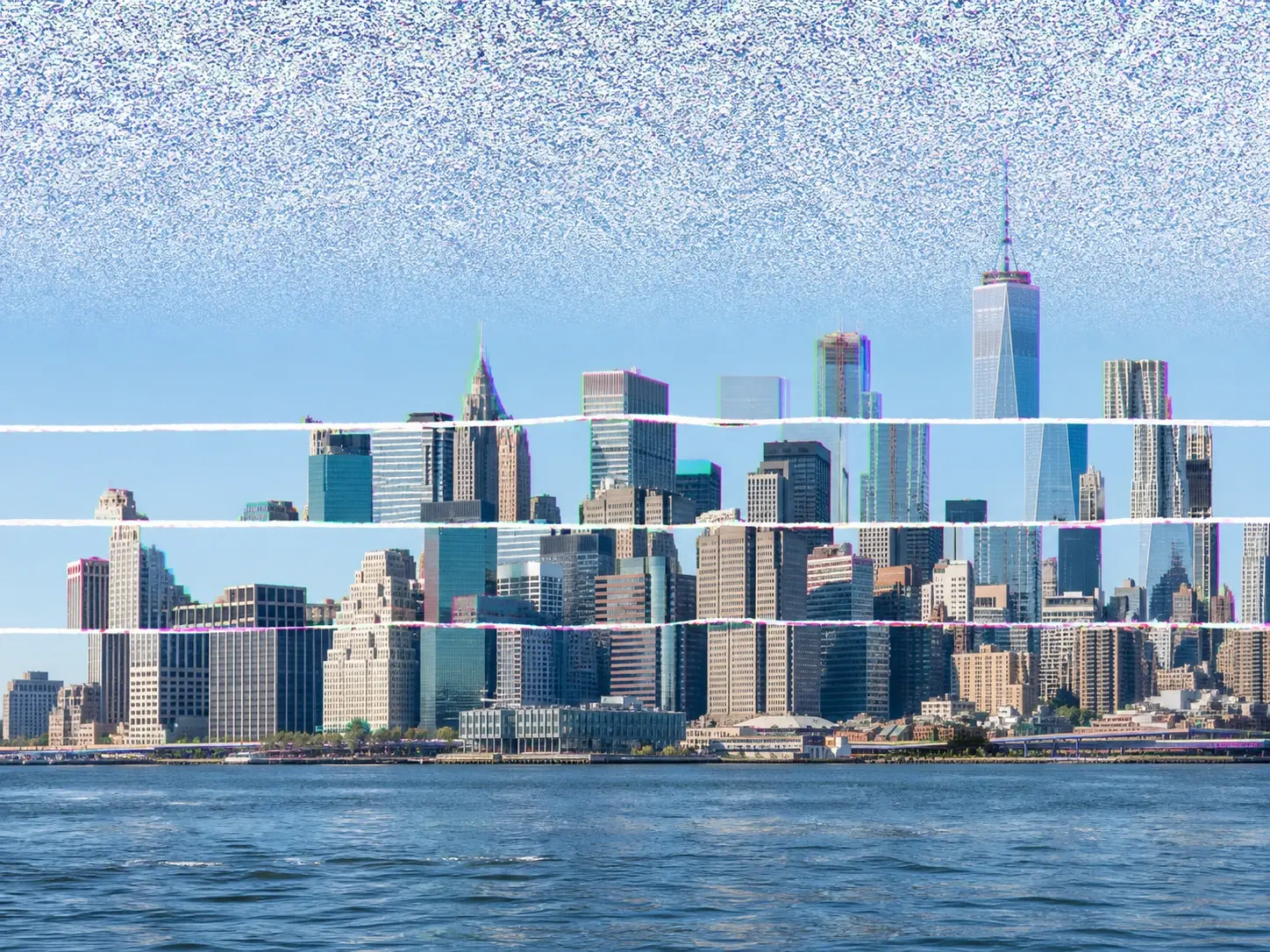 A city skyline broken by static snow and horizontal tearing exactly as described in words