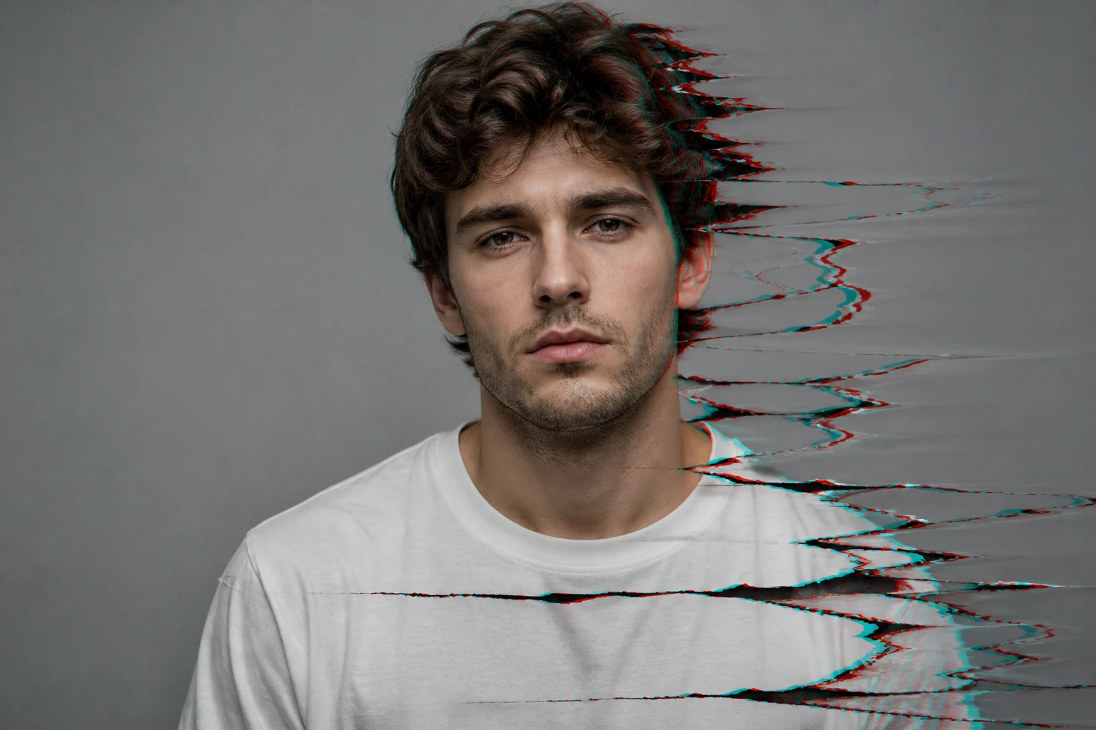 The same portrait beginning to tear as red and cyan edges slide apart across the frame