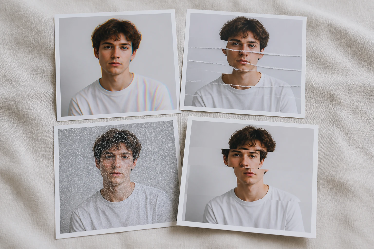 Four finished glitch versions of the portrait arranged together to compare before downloading