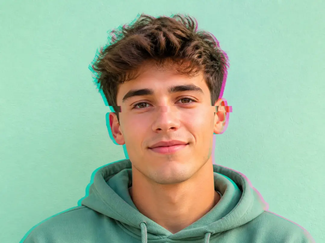 A gaming avatar headshot restyled with split colour channels for a profile slot