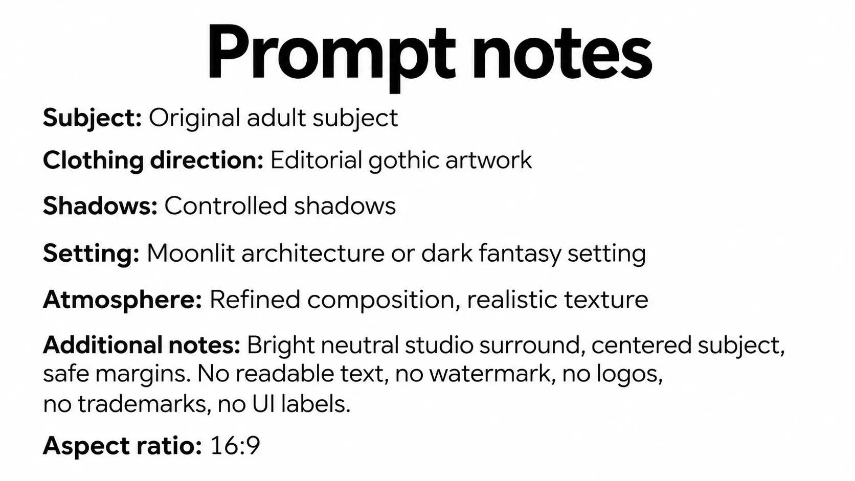 Prompt notes for subject, clothing direction, shadows, setting, and atmosphere