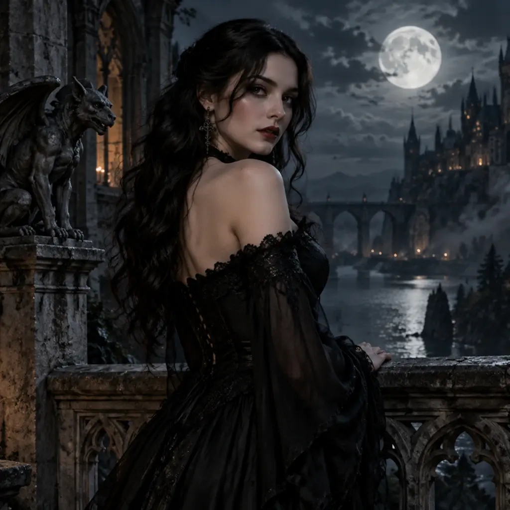 Dark gothic portrait beside moonlit architecture and a quiet atmospheric background